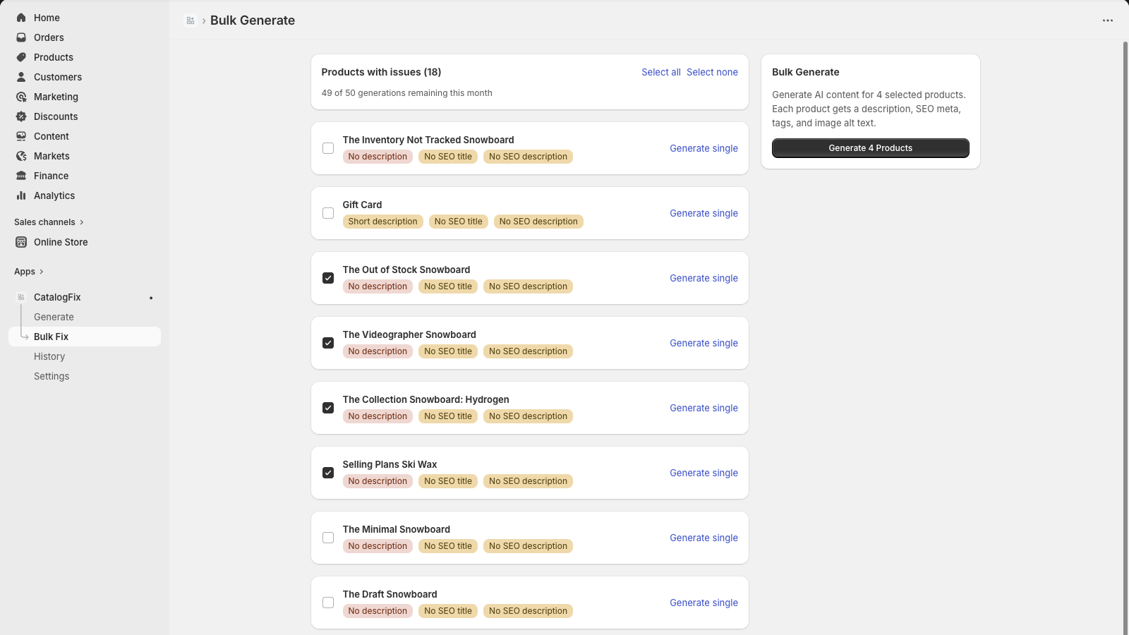 CatalogFix bulk generate page showing products with issues and batch generation controls