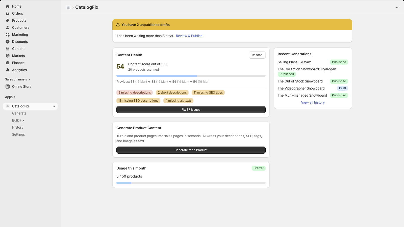 CatalogFix dashboard showing content health score of 54, issue badges, and recent generations